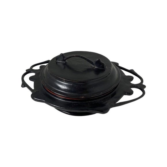 Antique Lacquered Pickled Tea Box Kyuok Ka Style Covered Dish Carved Out Handles - Picture 3 of 7